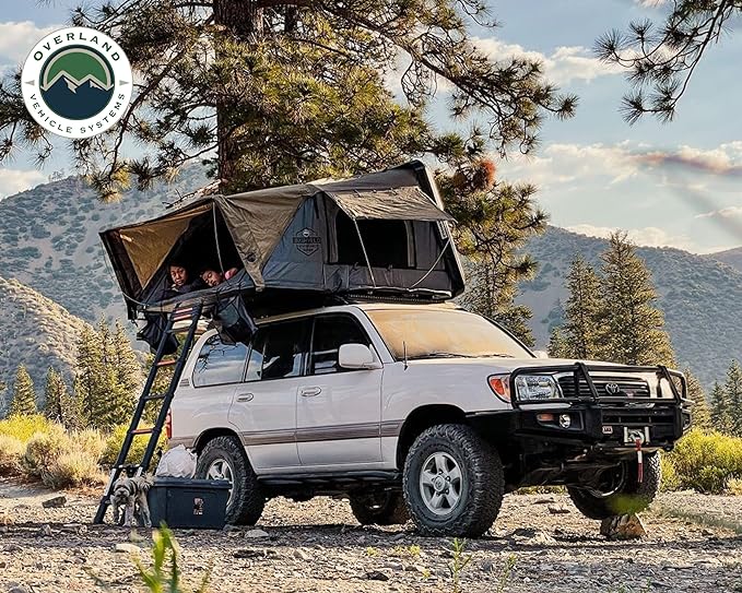 Overland Vehicle Systems Bushveld Hard Shell Clam Shell Roof Top Tent with Aluminum Base Dark Grey Body and Green Rainfly - 4 Person Tent - Four Seasons Ready
