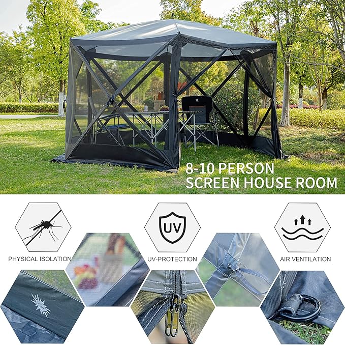 EVER ADVANCED Pop Up Gazebo Screen House Tent for Camping 11.5 ft for 8-10 Person Instant Canopy Shelter with Netting Portable for Outdoor, Backyard