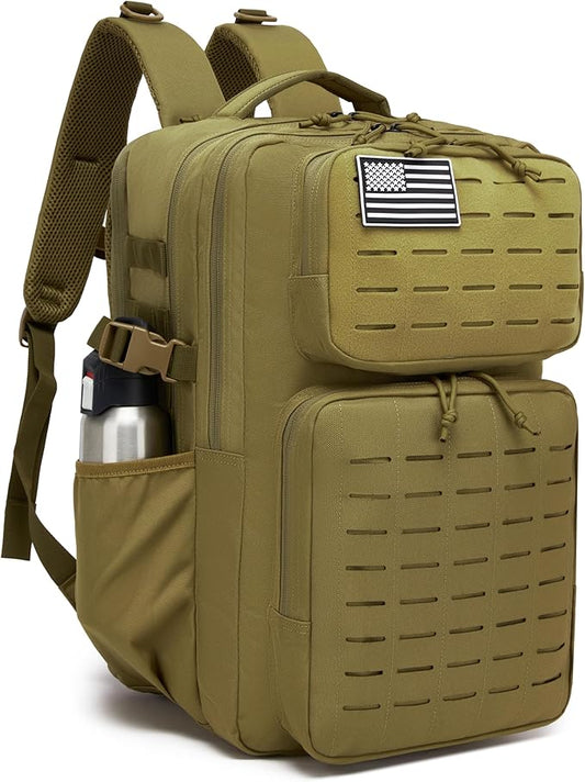 Wotony Military Tactical Backpack for Men Waterproof Daypack 3 Day Assault Pack Laser-Cut MOLLE Webbing Design with Water Bottle Holder Black Small Tactical Assault Bag (Khaki, 35L)