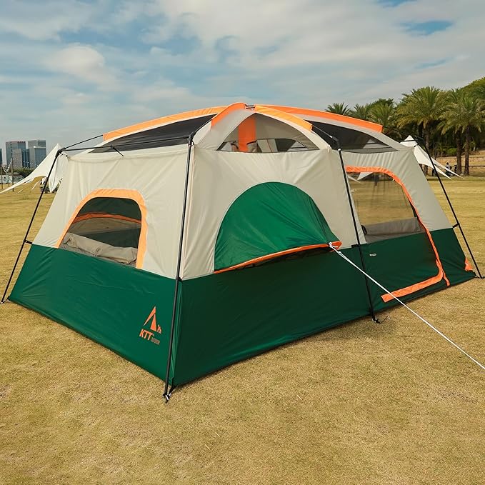 KTT Extra Large Tent 6-10-12-14 Person(B),Family Cabin Tents,2 Rooms,3 Doors and 3 Windows with Mesh,Straight Wall,Waterproof,Double Layer,Big Tent for Outdoor,Picnic,Camping,Family Gathering