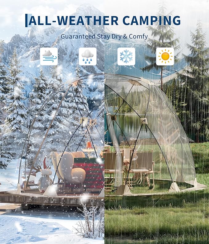 10x10 ft Pop Up Bubble Tent, 4-6 Person Camping Shelter, 540°Degree Fully Transparent, Weather-Resistant Bubble Dome, Portable Design for Outdoor Activities, Sports Events, Fishing
