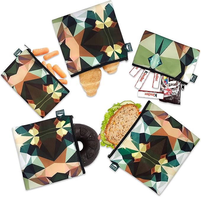 Nordic By Nature-Dual Layer Reusable Sandwich & Snack Bags – BPA-Free, Easy Clean, School Lunch Bags for Kids & Adults (Mosaic Camo)