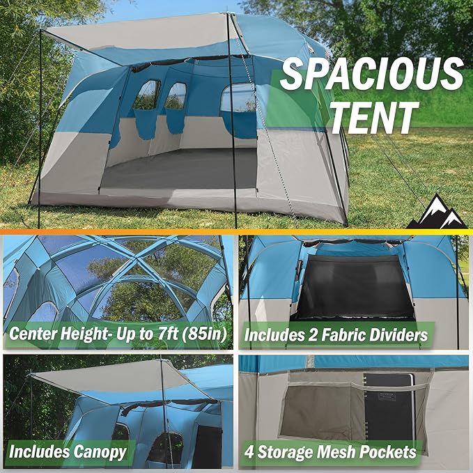 10-12 Person Large Camping Tent – Tall Family Cabin Outdoor Shelter with Room Divider, Mesh Windows, Water-Resistant Rainfly and Carry Bag for Camping and Outdoor Adventures – Wakeman Outdoors