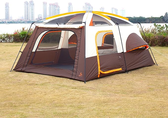 KTT Extra Large Tent 6-10-12-14 Person(Style-B),Family Cabin Tents,2 Rooms,3 Doors and 3 Windows with Mesh,Straight Wall,Waterproof,Double Layer,Big Tent for Outdoor,Picnic,Camping,Family Gathering