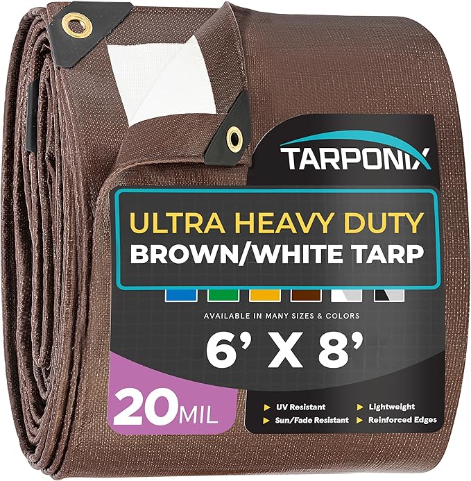 6' x 8' Ultra Heavy Duty Tarp – 20 Mil Brown/White Waterproof Outdoor Cover, UV Protection, Reinforced Corners, Ideal for Camping, Tent, and Outdoor Use