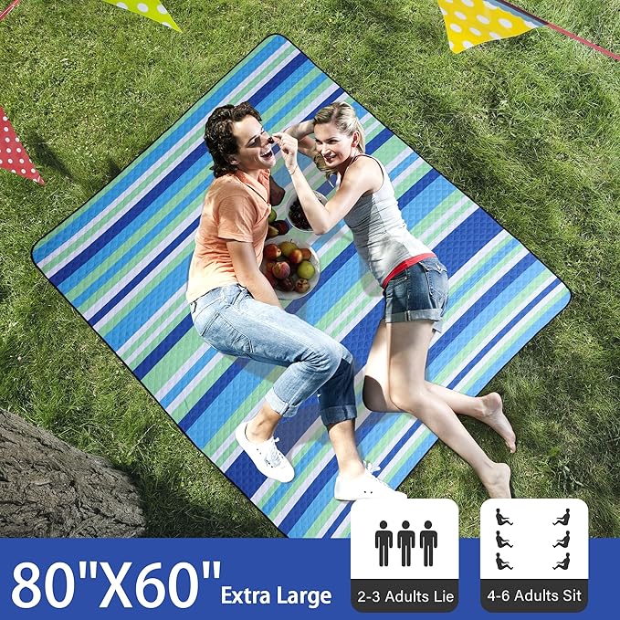 HX&OD Large Picnic Blanket Outdoor 80”x60” Waterproof Picnic Mat Foldable 3-Layer Camping Blanket Portable with Carry Strap Park Blanket for Grass(Blue)