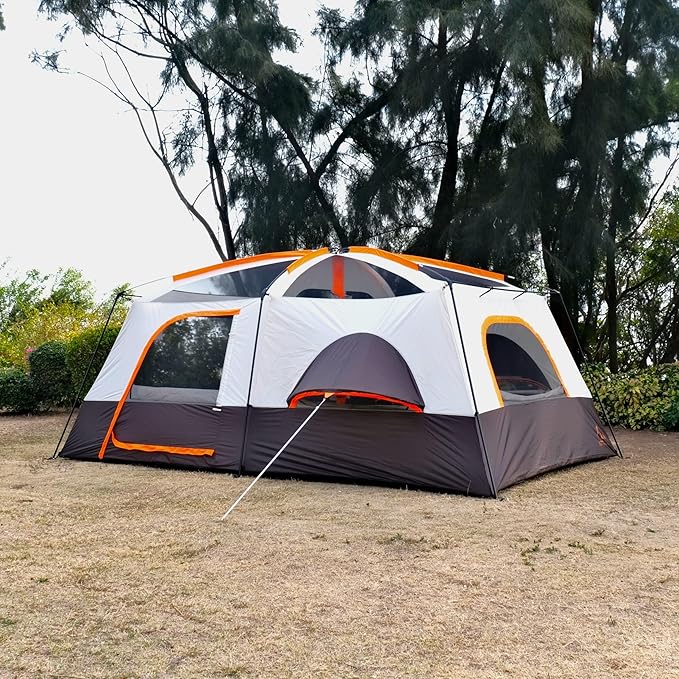 KTT Extra Large Tent 12 Person,Family Cabin Tents,Full Rainfly,2 Bay-Windows,2 Rooms and 3 Doors 3 Windows with Mesh,Waterproof,Straight Wall,Double Layer,Big Tent for Outdoor,Picnic,Camping