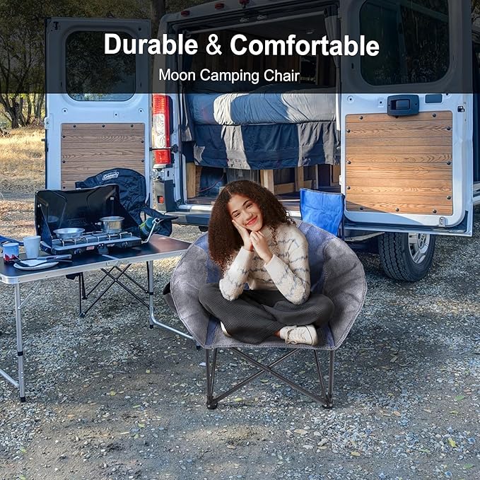 Northroad Folding Compact Camping Moon Chair, Outdoor Padded Saucer Round Chair w/Cup Holder Supports up to 300 lbs for Beach Hiking Fishing Picnic Lawn,Blue