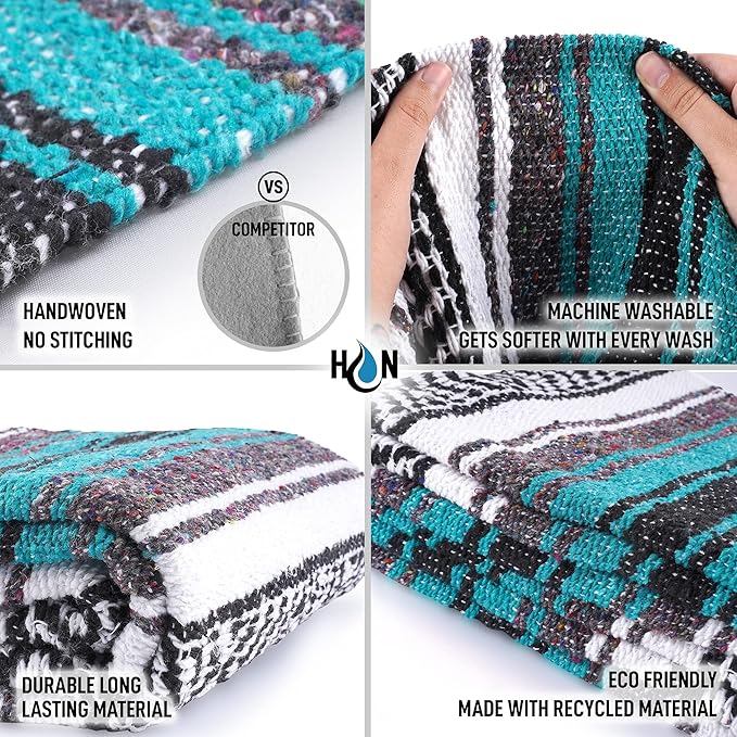 Authentic Extra Large Mexican Blanket - 70"x50" Handwoven Yoga, Serape, Artisanal Falsa, Beach, Camping, Picnic, Outdoor Blanket (Emerald)