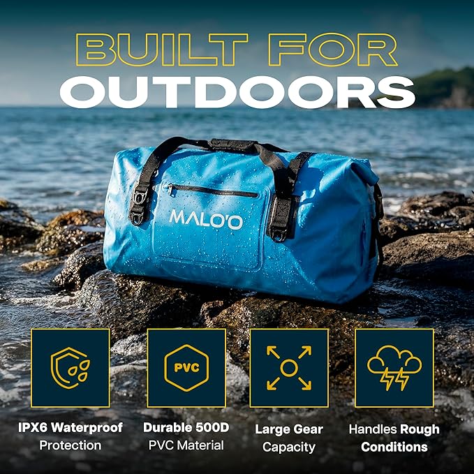 Malo’o Waterproof Dry Duffel, Heavy-Duty Roll Top Waterproof Gear Bag with Shoulder Strap & Molle Loops, Marine Duffel for Kayaking, Boating, Camping, Beach & Travel, Blue, 40L