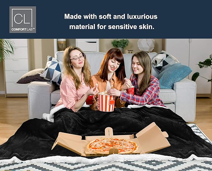 Comfort Lab Reversible Flannel Sherpa Throw Blanket - Elegant Fluffy Throw Blankets for Couch and Home Decor - Anti Pilling Non Shedding Cozy & Warm Fleece Throws - Oversize Throw (60" x 70") - Black