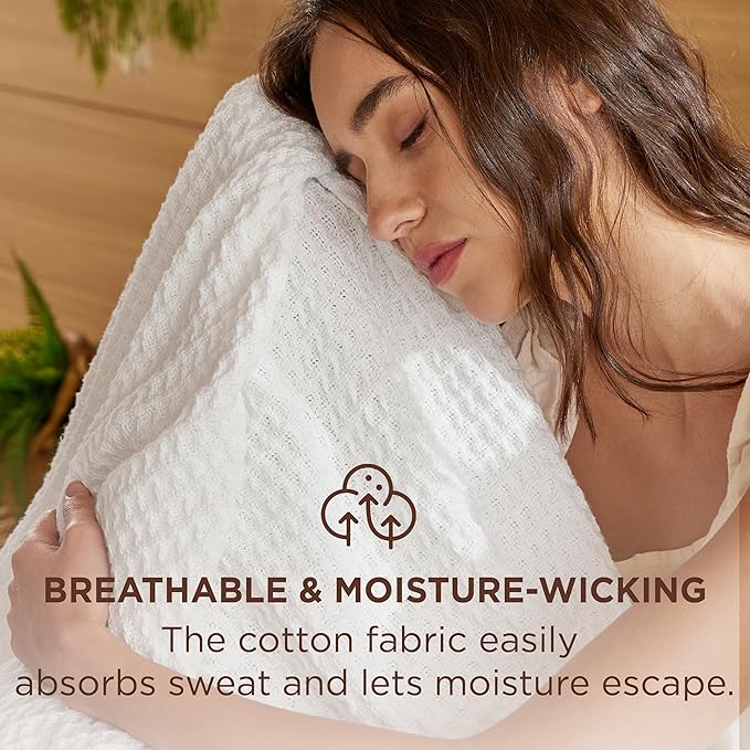 Bedsure Gentlesoft 100% Cotton Blanket Twin XL Size for College Dorm - Breathable and Soft, Waffle Weave Twin Blanket for Summer, Dorm Room Essentials, White, 66x90 inches