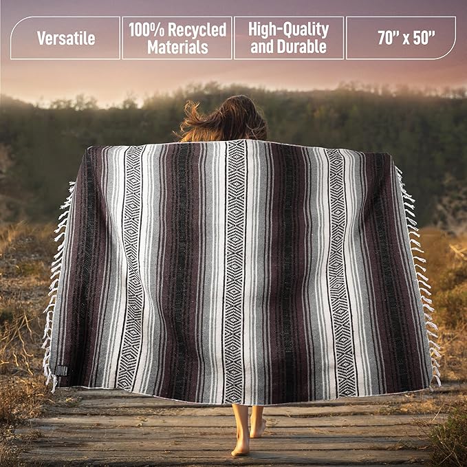Authentic Extra Large Mexican Blanket - 70"x50" Handwoven Yoga, Serape, Artisanal Falsa, Beach, Camping, Picnic, Outdoor Blanket (Brown)