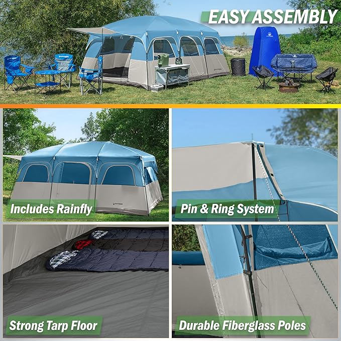 10-12 Person Large Camping Tent – Tall Family Cabin Outdoor Shelter with Room Divider, Mesh Windows, Water-Resistant Rainfly and Carry Bag for Camping and Outdoor Adventures – Wakeman Outdoors