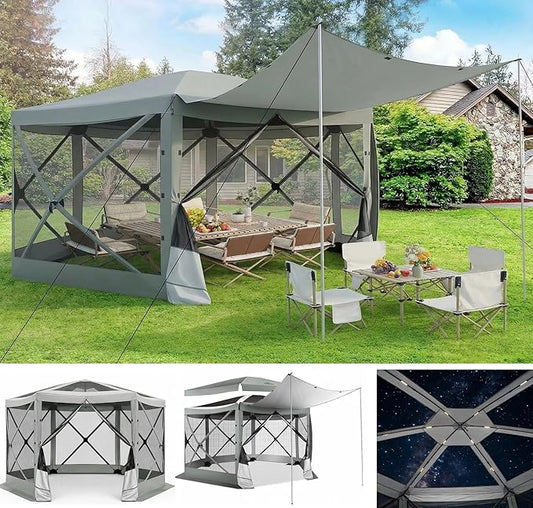 COBIZI 12x12FT Pop Up Gazebo Screen Tent Screen House for Camping, Camping Outdoor Screened Gazebo with Sidewalls, Portable Hub Tent Instant Screened Canopy with Carrying Bag and Ground Stakes, Gray