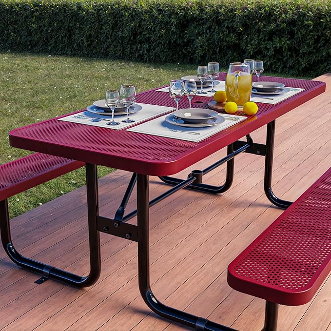 Metal Picnic Furniture for Outdoors with Umbrella Hole - Coated Steel Heavy Duty Commercial Grade Table with Adjustable Seats, Patio Set for a Lifetime (Red, 6' Rectangular, Punched Steel)