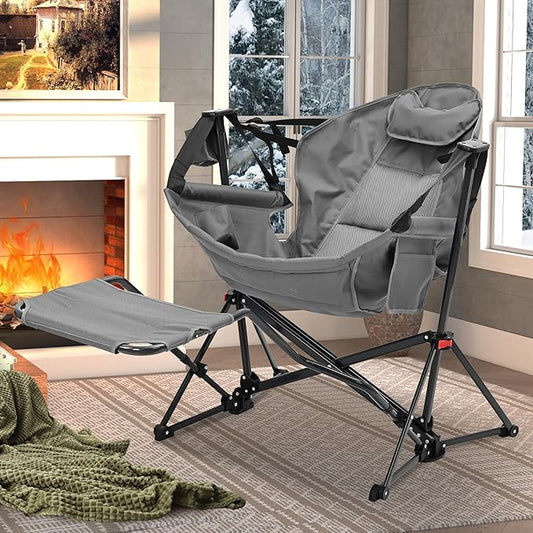 Ainfox Hammock Chair with Footrest, Oversized Swinging Portable Folding Camping Chairs for Adults Outside Swinging Camp with Cup Holder Pillow for Outdoor Patio Lawn Grey