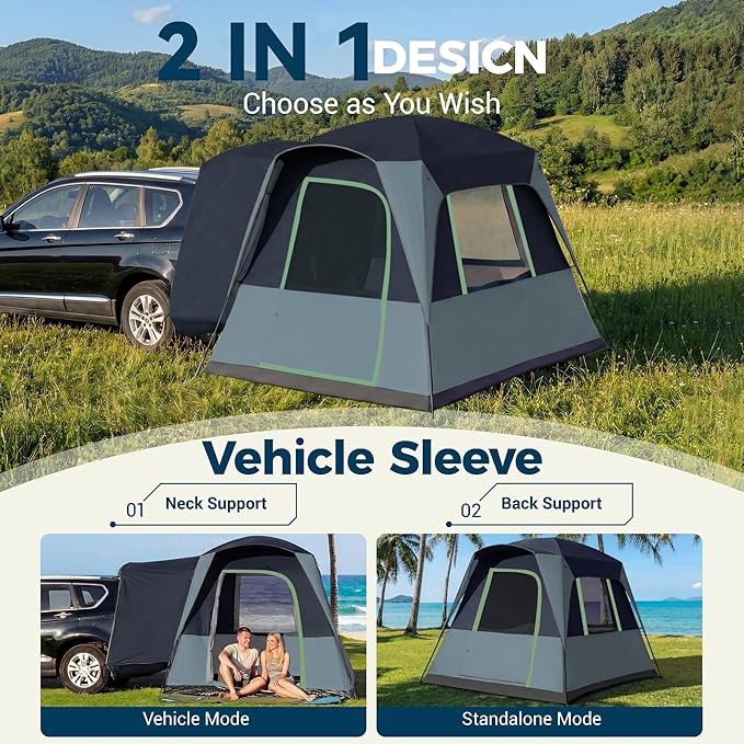 5/6 Person SUV Tent for Camping, SUV Tailgate Tent,Truck Car Tent Weather Resistant Portable for Car SUV Van Camping, Includes Rainfly and Storage Bag, 10' W X 8' L X 7.1' H