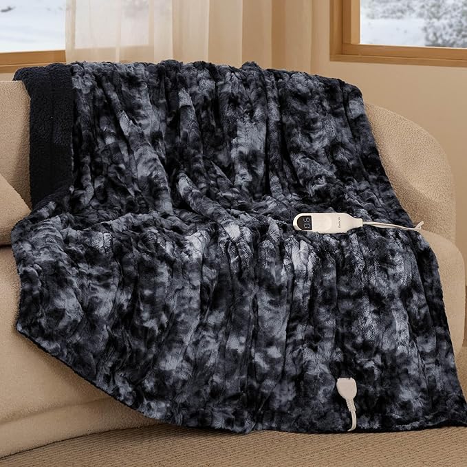 Bedsure Faux Fur Heated Blanket Throw Blanket, Fast Heating Electric Blanket with 6 Heating Levels & 4 Time Settings, Cozy Gifts for Women Men (50x60 inches, Black)