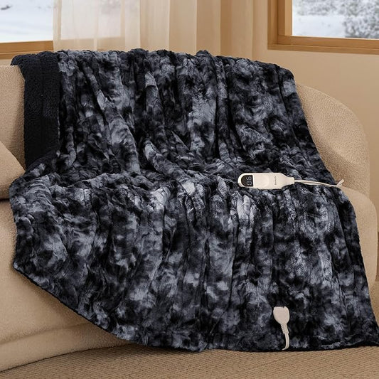 Bedsure Faux Fur Heated Blanket Throw Blanket, Fast Heating Electric Blanket with 6 Heating Levels & 4 Time Settings, Cozy Gifts for Women Men (50x60 inches, Black)