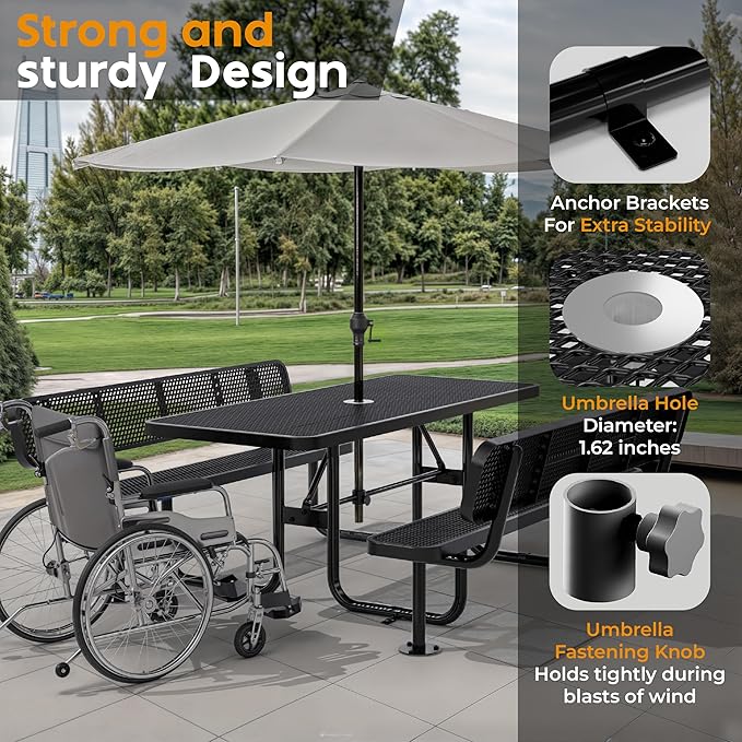 Metal Picnic Furniture for Outdoors with Umbrella Hole - Coated Steel Heavy Duty Commercial Grade Table with Adjustable Seats, Patio Set for a Lifetime (Black, 6' Rectangular with Back)