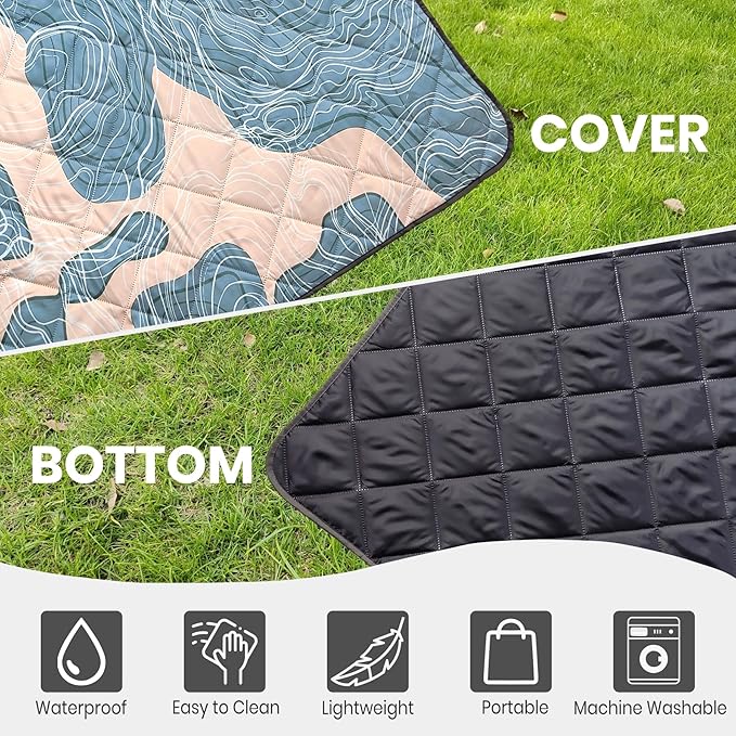 Waterproof Outdoor Blanket, 79" x 55" Large Packable Picnic Blankets, Foldable Picnic Mat for Park, Lawn, Grass, Beach, Concert (Abstract Line)
