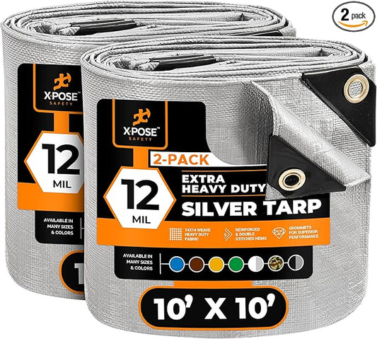 Heavy Duty Silver Poly Tarp 10' X 10' (2-Pack) - Multipurpose Protective Cover - Durable, Waterproof, Weather Proof, Rip and Tear Resistant - Extra Thick 12 Mil Polyethylene - by Xpose Safety