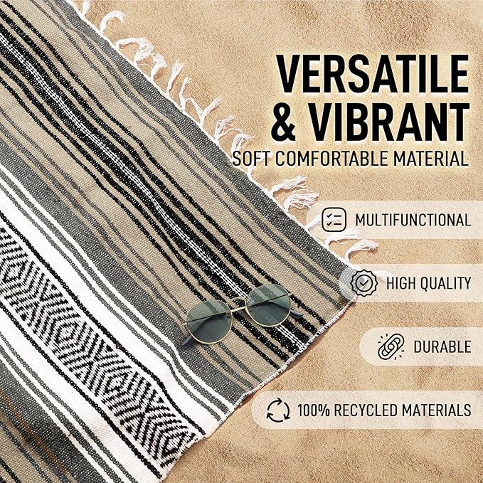 Authentic Large Handwoven Mexican Blanket - Soft Yoga- Durable Serape- Lightweight Falsa, Beach, Camping, Picnic, Outdoor Blanket 70"x50" - Desert