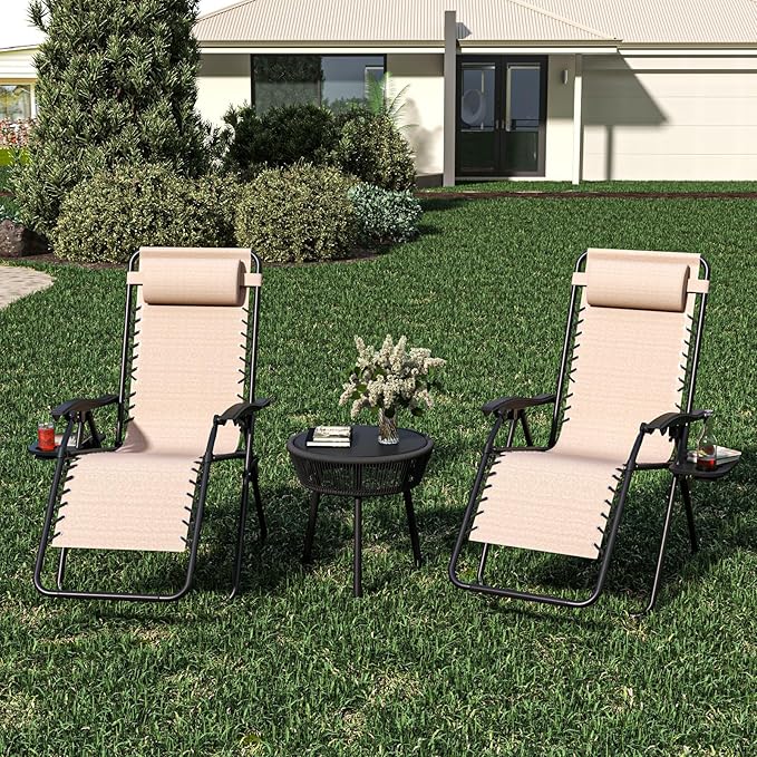 Set of 2 Adjustable Zero Gravity Lounge Chairs Outdoor Recliner w/Cup Holder Tray & Removable Pillows, Ergonomic Reclining Chair for Camping Patio Lawn Balcony (Beige-Brown)