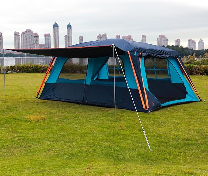 KTT Extra Large Tent 12 Person(A),Awning Family Cabin Tents,2 Rooms,4 Doors and 4 Windows with Mesh,Straight Wall,Waterproof,Double Layer,Big Tent for Outdoor,Picnic,Camping,Family Gathering。