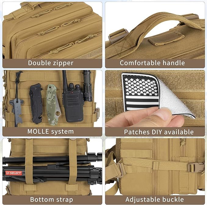 45L Military Tactical Backpack for Men, Large Molle Backpacks Outdoor Tactical Bag for Hiking Camping Travel (Khaki)