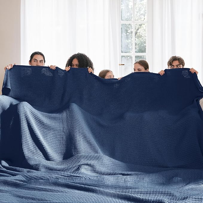 Bedsure Gentlesoft 100% Cotton Large Blanket Oversized King for Bed - Breathable Thick Waffle Weave Blanket for Summer, Couch Cover, Navy, 120x94 inches