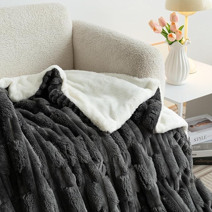 UKELER Cozy Sherpa Bed Blanket Queen Size 80 x 90 inch, Striped Throw Blanket for Bed Couch Sofa Camping, Great Gift for Mother's Day, Father's Day, Thanksgiving, Christmas,New Year's Day, Dark Grey