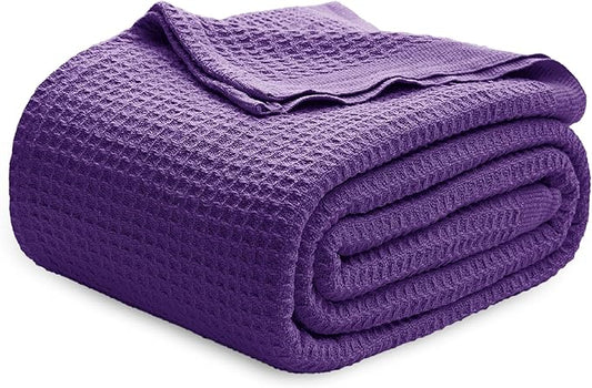 Bedsure Gentlesoft 100% Cotton Blanket King Size for Bed - Breathable and Soft, Waffle Weave Blanket for Summer, Thick Cozy Fall Blankets for Women Gift, Purple, 104x90 inches