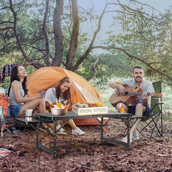 Grill Table Folding Table with 2 Wing Panels 3FT+1.4 FT with Mesh Desktop 2 Height Adjustable Portable Grill for Outdoor Indoor Beach BBQ Picnic Travel RV Black