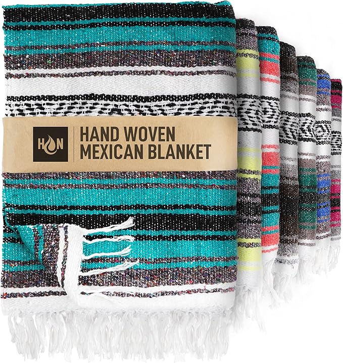 Authentic Extra Large Mexican Blanket - 70"x50" Handwoven Yoga, Serape, Artisanal Falsa, Beach, Camping, Picnic, Outdoor Blanket (Emerald)