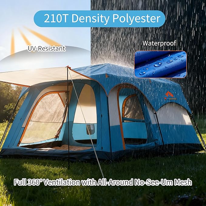 Large Family Standing Upright Camping Tent - 5-12 Persons Multi-Room Waterproof Tent with Screened Porch - Glamping Tent for Outdoor Camping & Family Vacation