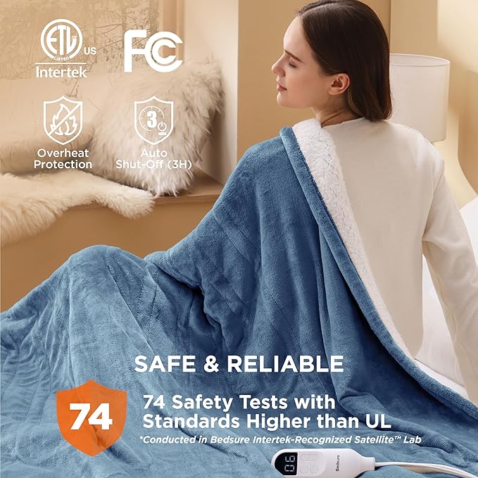 Bedsure Heated Blanket Throw Blanket - Fast Heating Electric Blanket, Soft Flannel Heated Throw with 4 Time Settings, 6 Heating Settings, Warm Gifts for Grandma (50x60 inches, Blue)