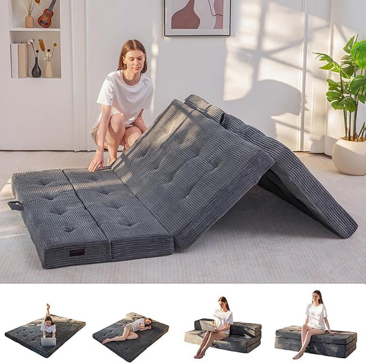 MAXYOYO Folding Mattress, 4 Inch Tufted Foldable Mattress Full Foam Bed, Tri-Fold Floor Couch with Handles Guest Bed Topper Portable Camping Mat with Corded Fabric, Queen Size, Dark Grey