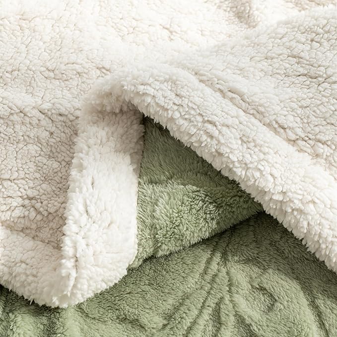 UKELER Sherpa Fleece Blanket 60 × 80 inch, Ultra Soft Twin Size Throw Blanket for All Season, Cozy Plush Floral Blanket for Bed Couch Sofa Office Camping, Grass Green