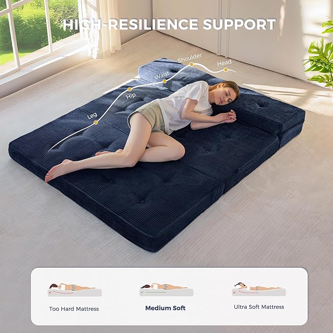 MAXYOYO Folding Mattress, 4 Inch Tufted Foldable Mattress Full Foam Bed, Tri-Fold Floor Couch with Handles Guest Bed Topper Portable Camping Mat with Corded Fabric, Queen Size, Navy
