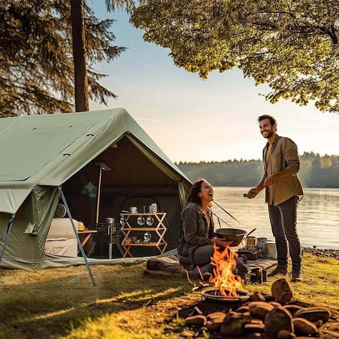 YOLENY Inflatable Tents for Camping, 6-12 Person Blow Up Tent with TPU Skylight, Canopy, Mesh Windows, Stove Jack & Pump, 4 Season Large Inflatable Tent, Waterproof & Windproof