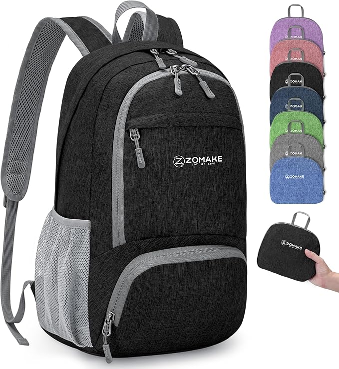 ZOMAKE Ultra Lightweight Packable Backpack 20L,Small Foldable Backpacks Hiking Water Resistant Collapsible Daypack for Women Men(Black-C2)