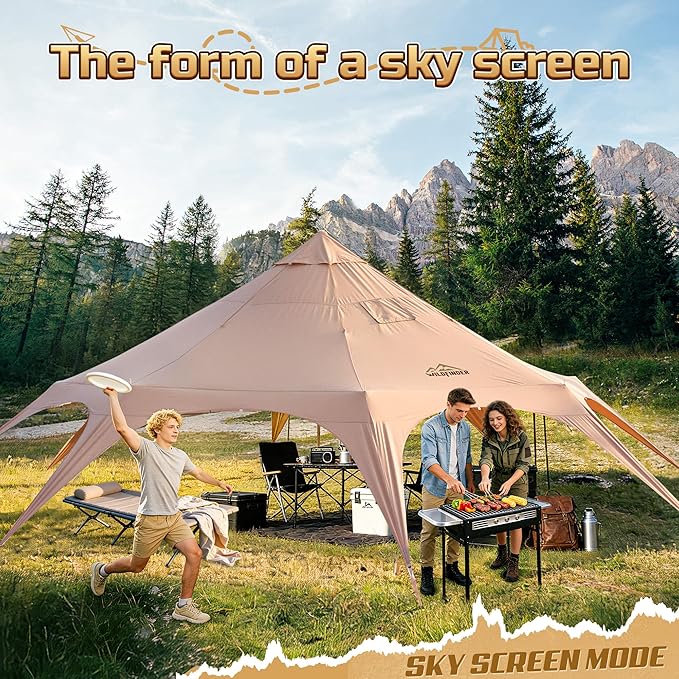 16.5ft Canvas Bell Tent, Large Yurt Tent with Stove Jack for Camping & Glamping, 55" High Walls, Maximum Space, Waterproof 4 Season Hot Tent with 8 Mesh Windows & Removable Floor