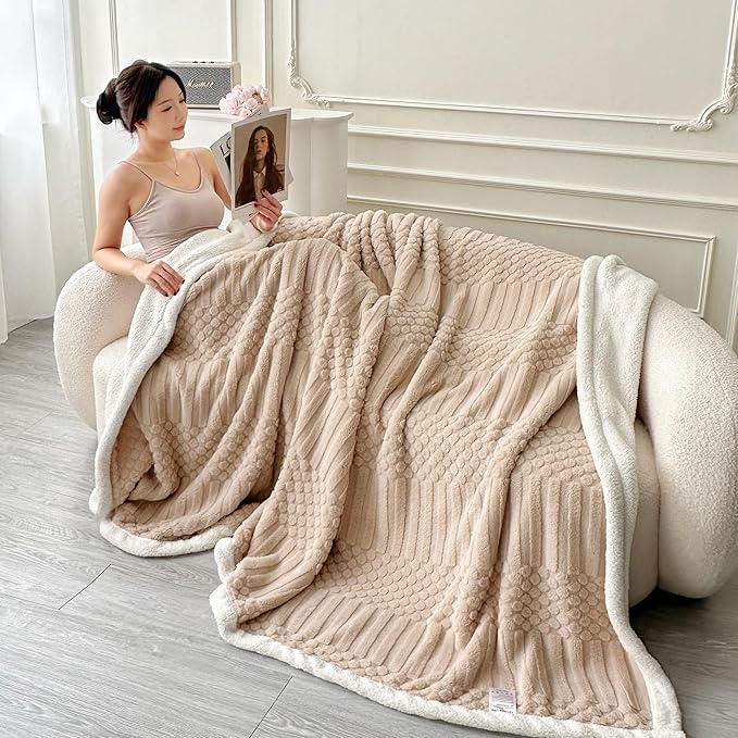 UKELER Sherpa Fleece Blanket 60 × 80 inch, Ultra Soft Twin Size Throw Blankets for All Season, Cozy Plush Striped Blanket for Bed Couch Sofa Office Camping, Coffee