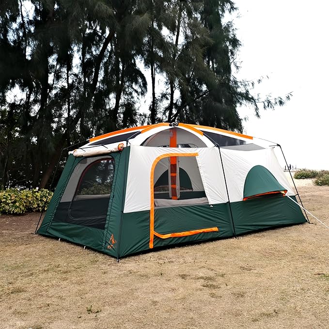 KTT Extra Large Tent 12 Person,Family Cabin Tents,Full Rainfly,2 Bay-Windows,2 Rooms and 3 Doors 3 Windows with Mesh,Waterproof,Straight Wall,Double Layer,Big Tent for Outdoor,Picnic,Camping