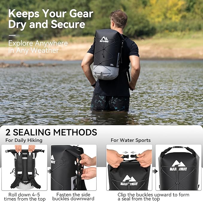 MARCHWAY Floating Roll Top Dry Bag, Flexible Lightweight TPU Waterproof Backpack 20L/30L/40L with Padded Straps for Boating, Kayaking, Swimming, Hiking, Beach (Black, 40L)
