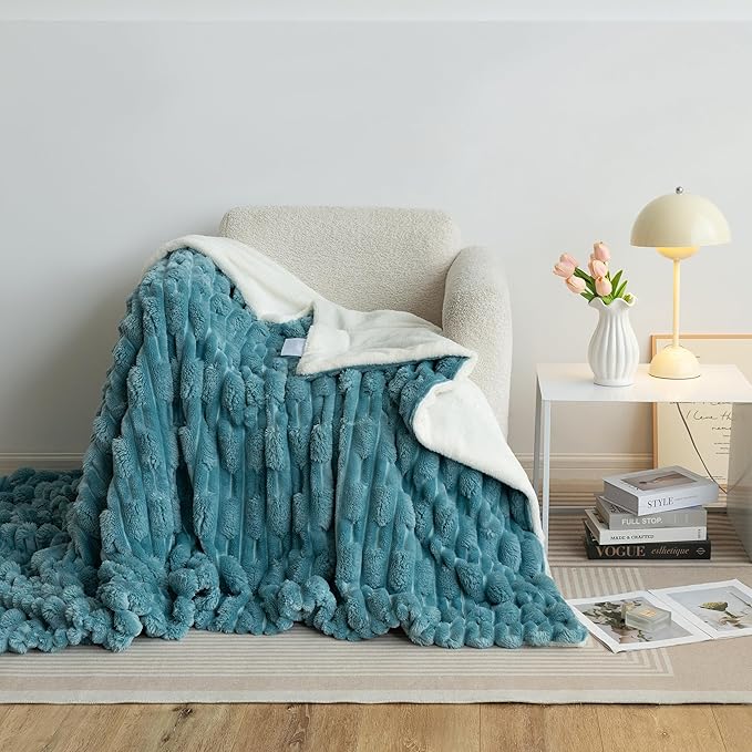 UKELER Cozy Fleece Blanket 50 × 60 inch Fuzzy Soft Bed Blanket 610 GSM Thick Striped Sherpa Throw Blankets for Camping Couch Sofa Bed Office, Blue