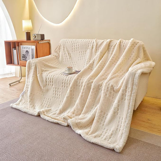 UKELER Sherpa Bed Blanket 80 × 90 inch, Ultra Soft Queen Size Throw Blanket for All Season, Cozy Plush Checkered Fleece Blankets for Bedroom Living Room Dorm Hostel Sofa Camping, Off-White