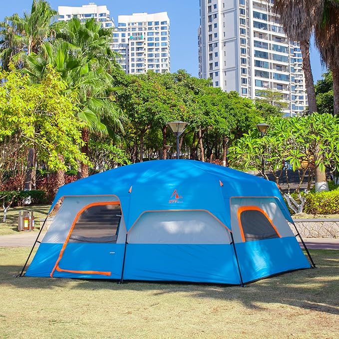 KTT Extra Large Tent 6-10-12-14 Person(B),Family Cabin Tents,2 Rooms,3 Doors and 3 Windows with Mesh,Straight Wall,Waterproof,Double Layer,Big Tent for Outdoor,Picnic,Camping,Family Gathering